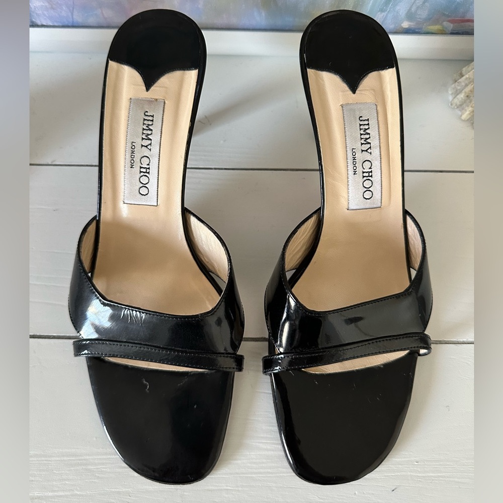 Vintage Jimmy Choo Black Patent Leather Kitten-Heel Mules - Picture 2 of 5